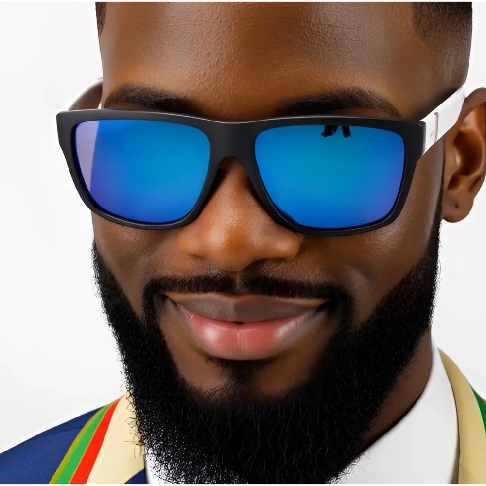 Mens Black Sunglasses Polarized Blue Mirror Lenses White Temple‎ Accents Lentes